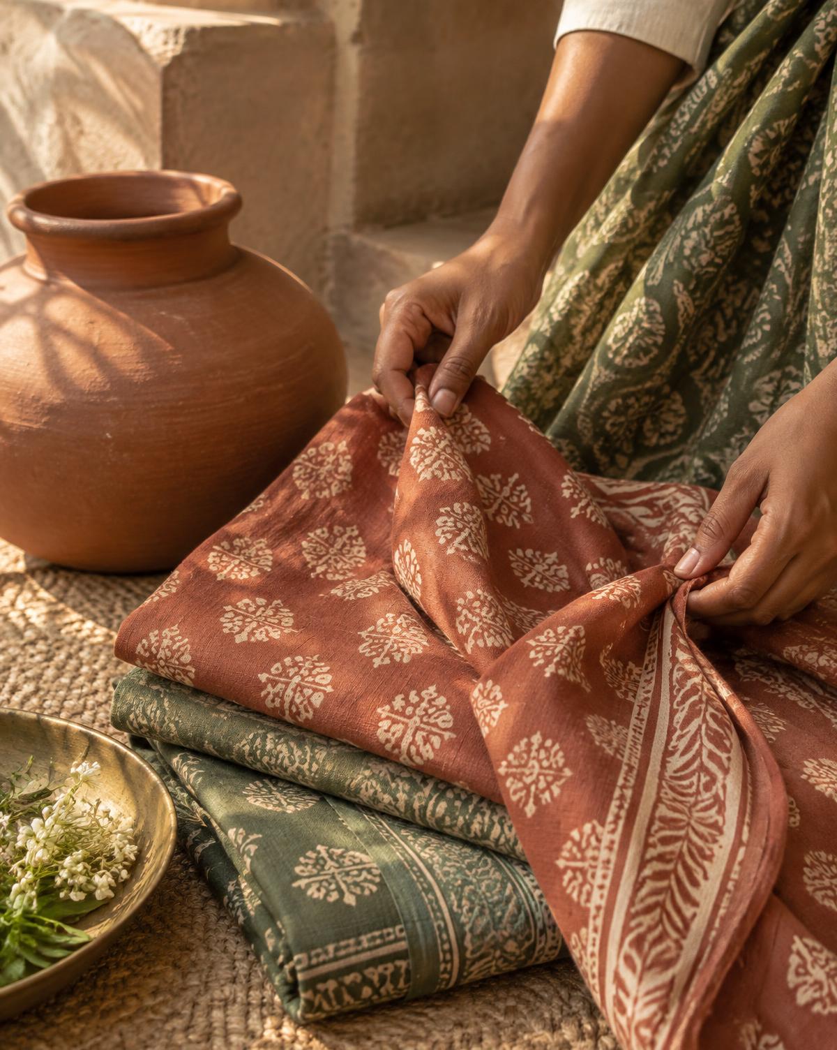Hands arranging block-printed textiles beside an earthen pot