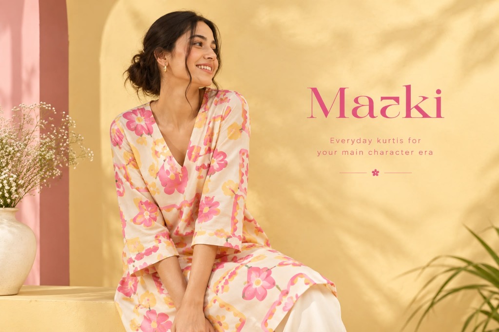Woman wearing a contemporary ivory Indian kurta set in a sunlit courtyard